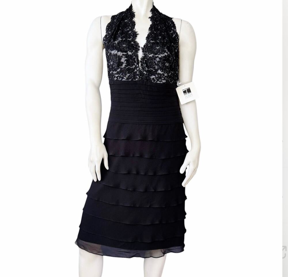 Black Beaded Halter Tiered Cocktail Dress